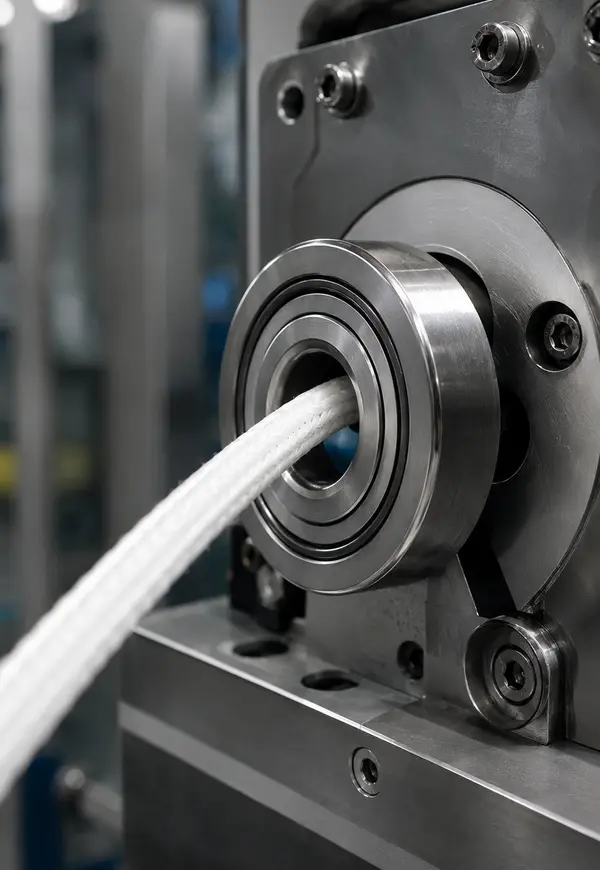 Cabo branco revestido em Nylon 6 passando por rolamento industrial