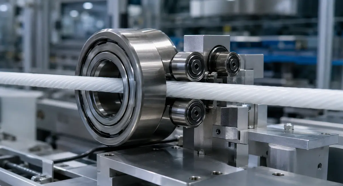 Cabo branco de Nylon 6 passando por rolamentos na linha de produção