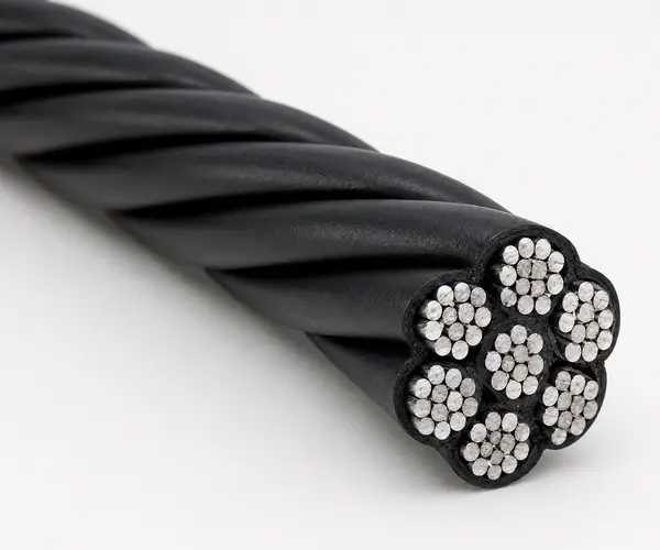 Cabo preto revestido em Nylon 6 com fios de aço aparentes
