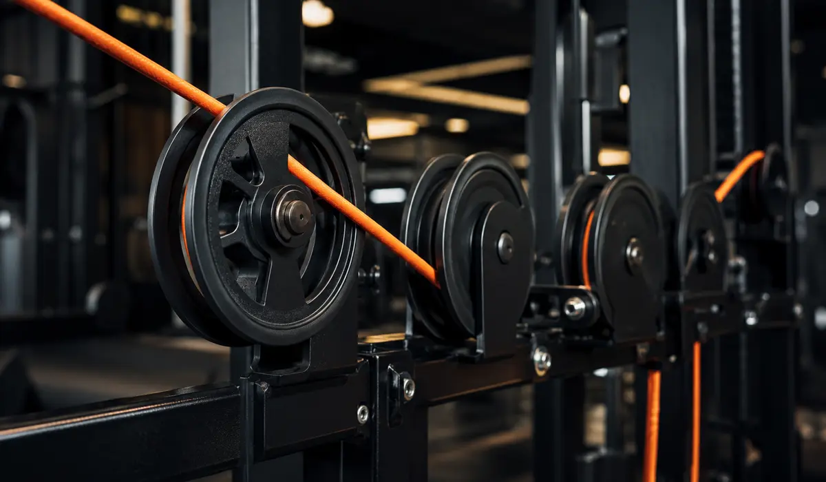 Cabo laranja passando por roldanas de aparelho fitness