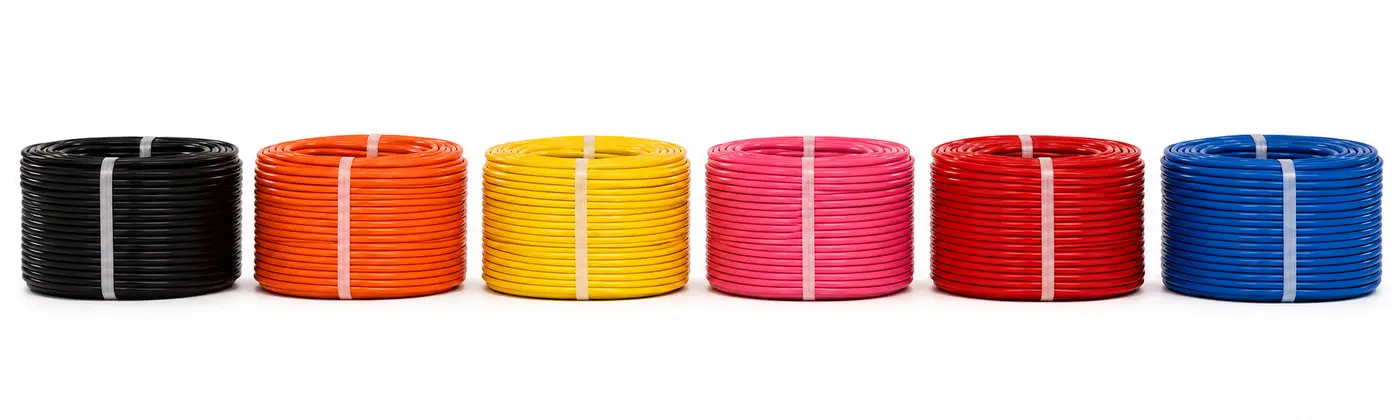 Bobinas de cabos nas cores preto, laranja, amarelo, rosa, vermelho e azul