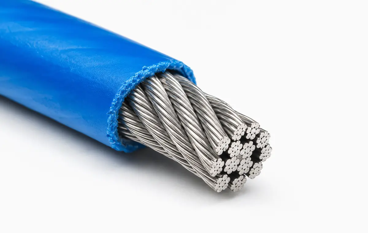 Cabo de aço revestido em Nylon 12 azul visto em corte