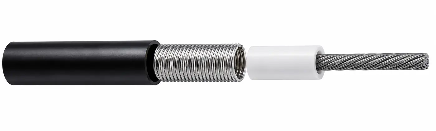 Estrutura em corte de capa helicoidal, tubo interno e cabo Estrutura em corte de capa helicoidal, tubo interno e cabo