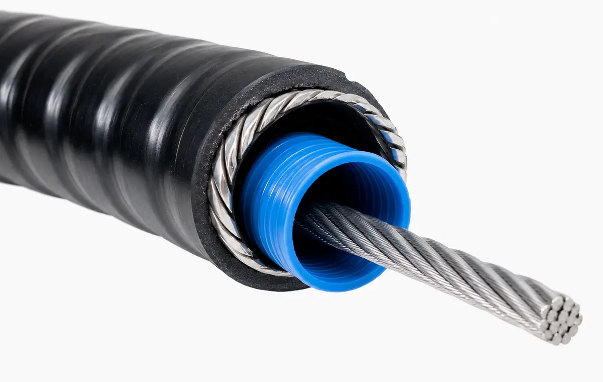 Capa helicoidal em corte com tubo interno azul Capa helicoidal em corte com tubo interno azul