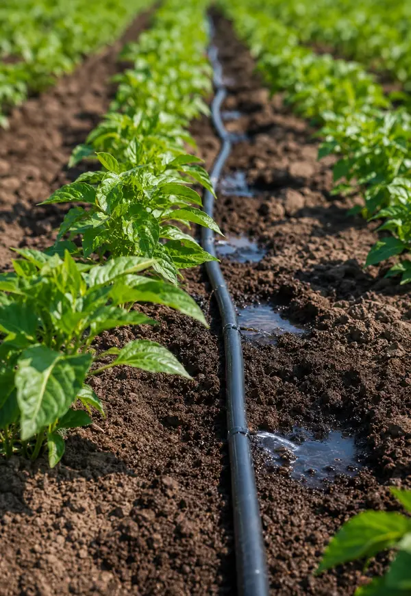 Mangueira de irrigação instalada entre plantas