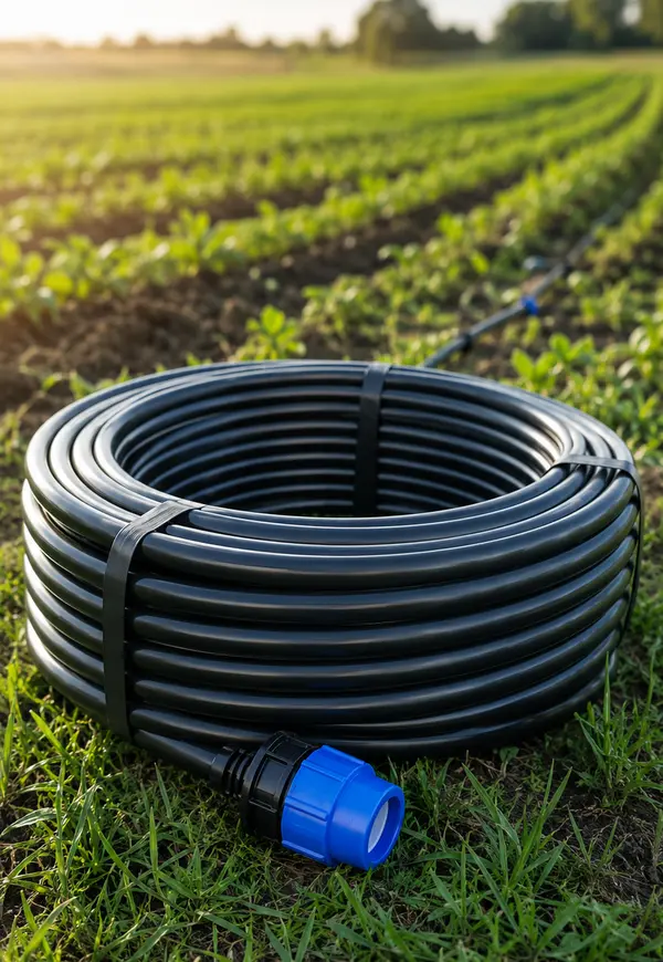 Rolo de mangueira preta para irrigação com conexão azul