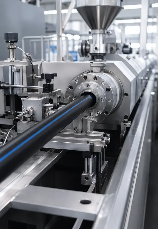 Tubo preto com faixa azul produzido em extrusora