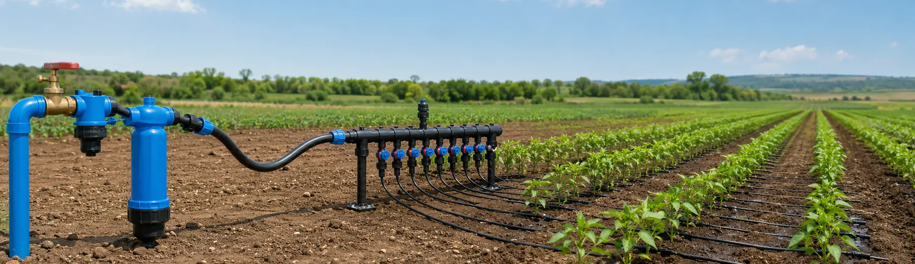 Sistema completo de irrigação com filtro, mangueiras e linhas de gotejamento