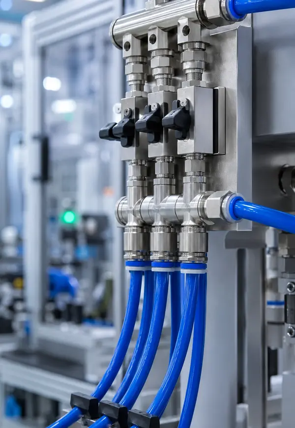 Mangueiras azuis conectadas a painel pneumático