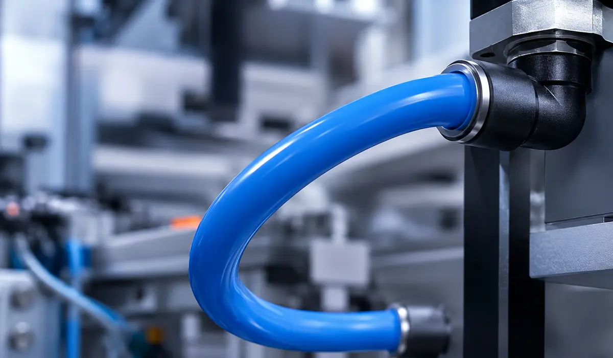 Mangueira azul de PU curvada em conexão pneumática